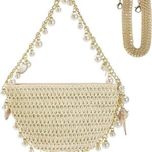 Women 9 Inch Straw Clutch with Pearl Beads & Detachable Straps for Beach, Weddin